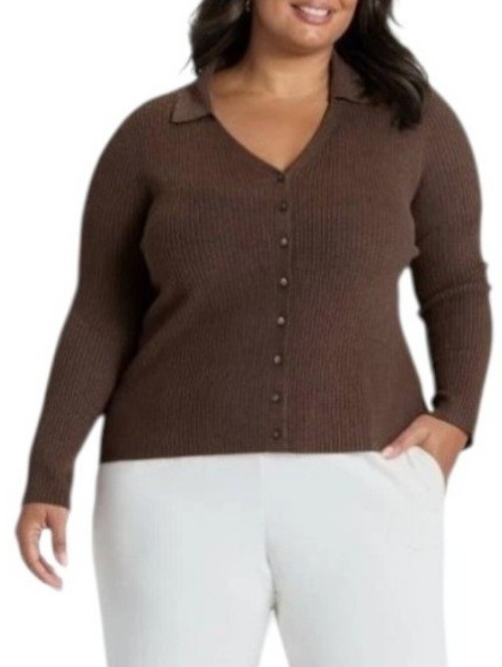 A New Day 3X Brown Ribbed V-Neck Button-Front Sweater Cardigan